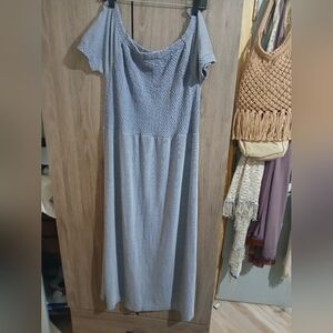 Elegant Greyish Smock Off Shoulder Blue Striped Dress